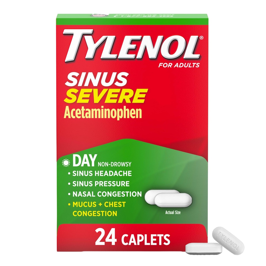Tylenol Sinus Severe Daytime Cold & Flu Relief Caplets, 24 Ct | Pain Reliever & Fever Reducer, Pressure and Nasal Congestion Relief, Contains Acetaminophen, Guaifenesin & Phenylephrine HCl