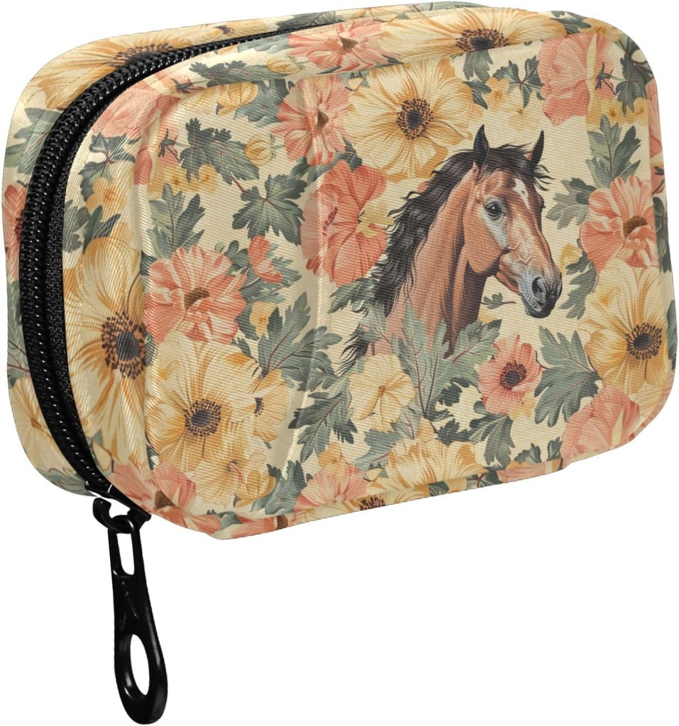 Fustylead Vintage Hand Draw Brown Horse and Flower Pill Organizer for Purse, Weekly Portable Pill Box with Zipper to Storage Vitamins Fish Oils Medications Supplements