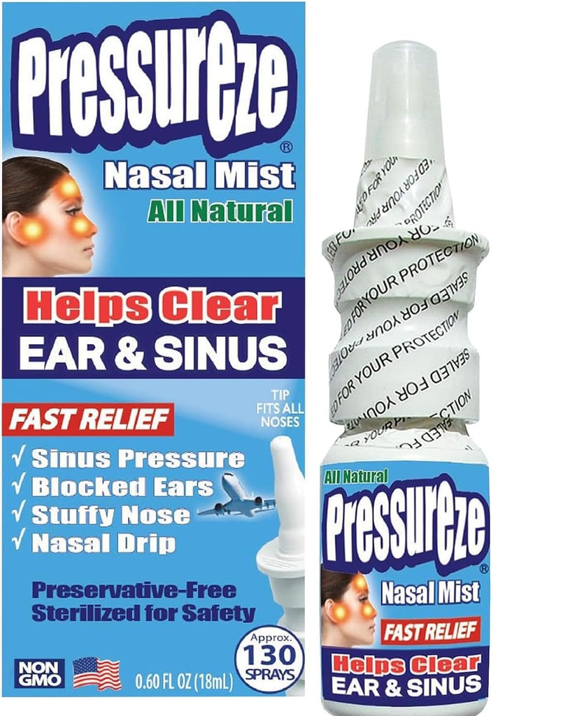 Pressureze Nasal Spray - All Natural Preservative-Free Sterile - Fast Relief Nasal Spray - for Sinus Allergies Congestion Blocked Ears Loud Snoring | 130 Sprays, 18 ml