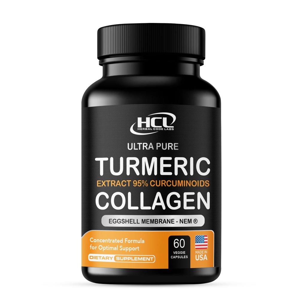 Turmeric Curcumin 95% Extract & Collagen Capsules - NEM Promotes Knee Comfort & Flexibility - Eggshell Membrane w Naturally Occurring Glucosamine Chondroitin Hyaluronic Acid- Made in USA