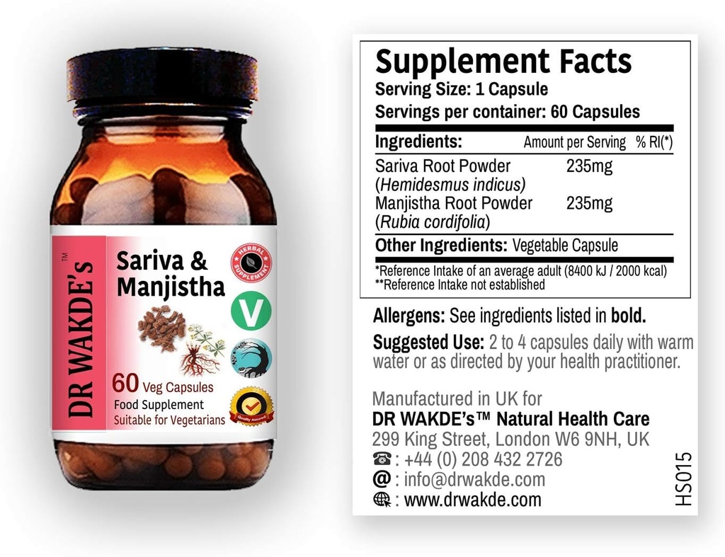 DR WAKDE'S Sariva & Manjistha Capsules (60 Veg Caps, Detoxifying Herbs, Supports Healthy Skin, Ayurvedic Supplement, Vegan, Herbal, All Natural, Made in UK)