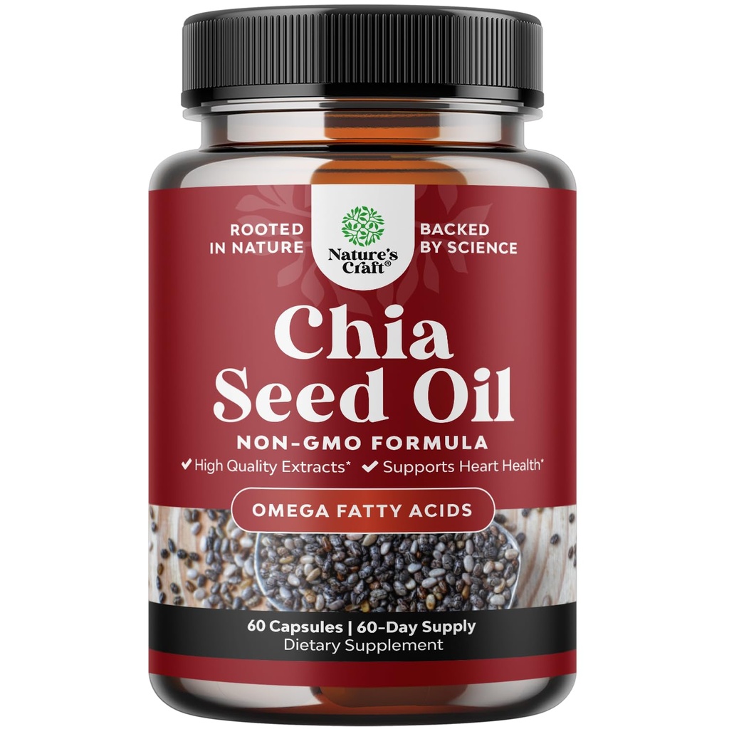 Chia Seed Oil Extract Capsules - Plant Based Omega 3 6 9 Supplement and Daily Fiber Capsules for Digestive and Immune Support and Heart Health - Omega 3 Fatty Acids Supplement for Men and Women - 60ct