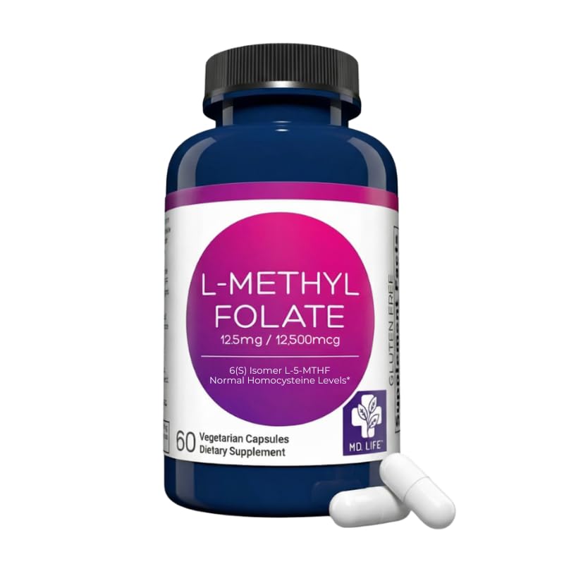 MD Life L-Methylfolate 12.5 mg Supplement - Professional-Grade Active LMethylfolate Supplement - 60 Capsules - L-Methylfolate 12.5mg - Maximum Potency MTHFR W/Essential Amino Acids