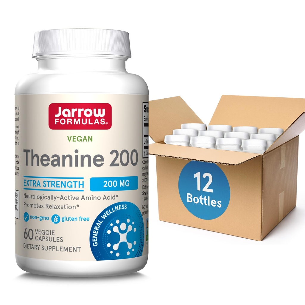 Jarrow Formulas Extra Strength Theanine 200 mg, Dietary Supplement That Promotes Relaxation, Amino Acid Supplement for Relaxation Support, 60 Veggie Capsules, 60 Day Supply, Pack of 12