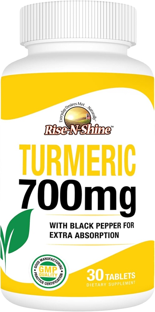 Rise-N-Shine 700 mg of Turmeric Curcumin with Black Pepper - Herbal Supplements for Skin and Joint Support - 30-Day Supply