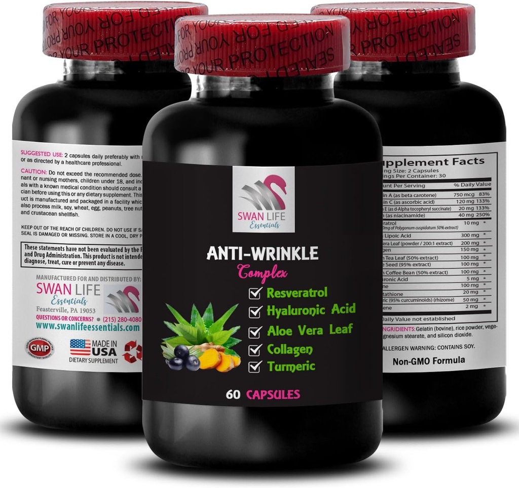 Aloe Vera Leaf Benefits - Anti-Wrinkle Complex - Smooth Texture Formula, Glycine 100 Support, Turmeric Power, Anti-Wrinkle Action, Smoothing Formula, Resilience Support 1 Bottle 60 Capsules