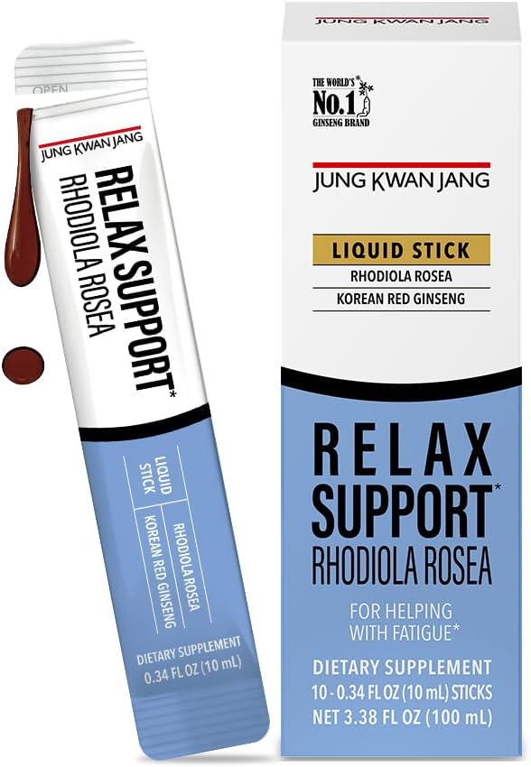 JUNG KWAN JANG Relax Support Rhodiola Rosea (800mg), Korean Red Ginseng Everytime Extract Sticks, Relaxation Supplement for Calm and Clarity, 10 Count