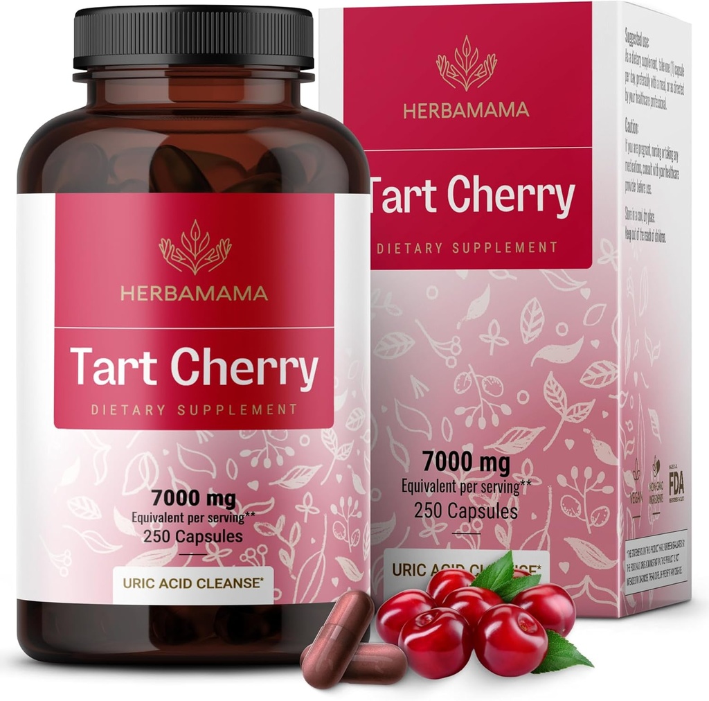 HERBAMAMA Tart Cherry Extract Capsules - Tart Cherry Extract for Uric Acid Support - Vegan, Non-GMO Antioxidant Supplement