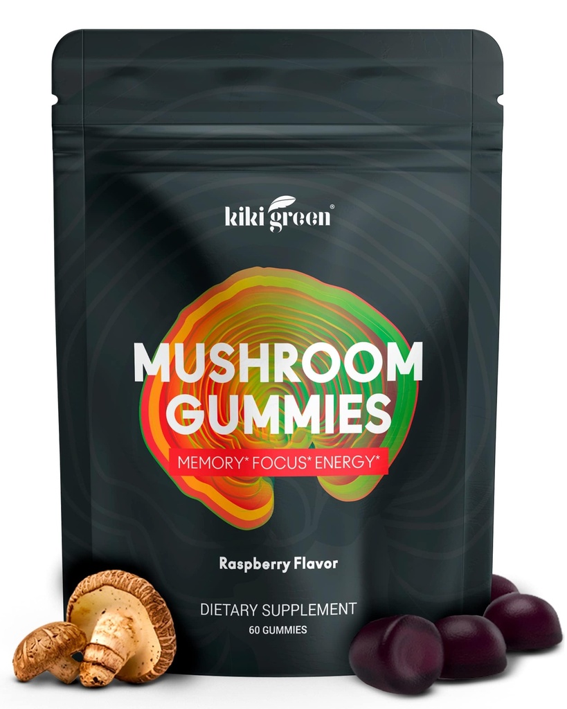 KIKI Green Mushroom Gummies with Lion's Mane and 9 Adaptogen Superfoods Blend - Chaga, Red Reishi, Cordyceps, Shiitake, Black Fungus | 60 Count, 10:1 Extract