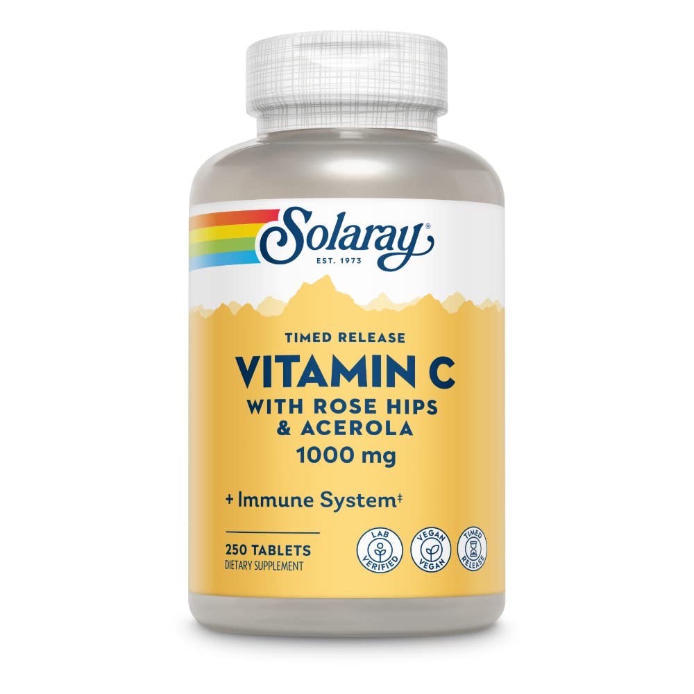 SOLARAY Vitamin C w/Rose Hips & Acerola | 1000mg | Two-Stage Timed-Release Healthy Immune Function, Skin, Hair & Nails Support | Non-GMO | 250ct