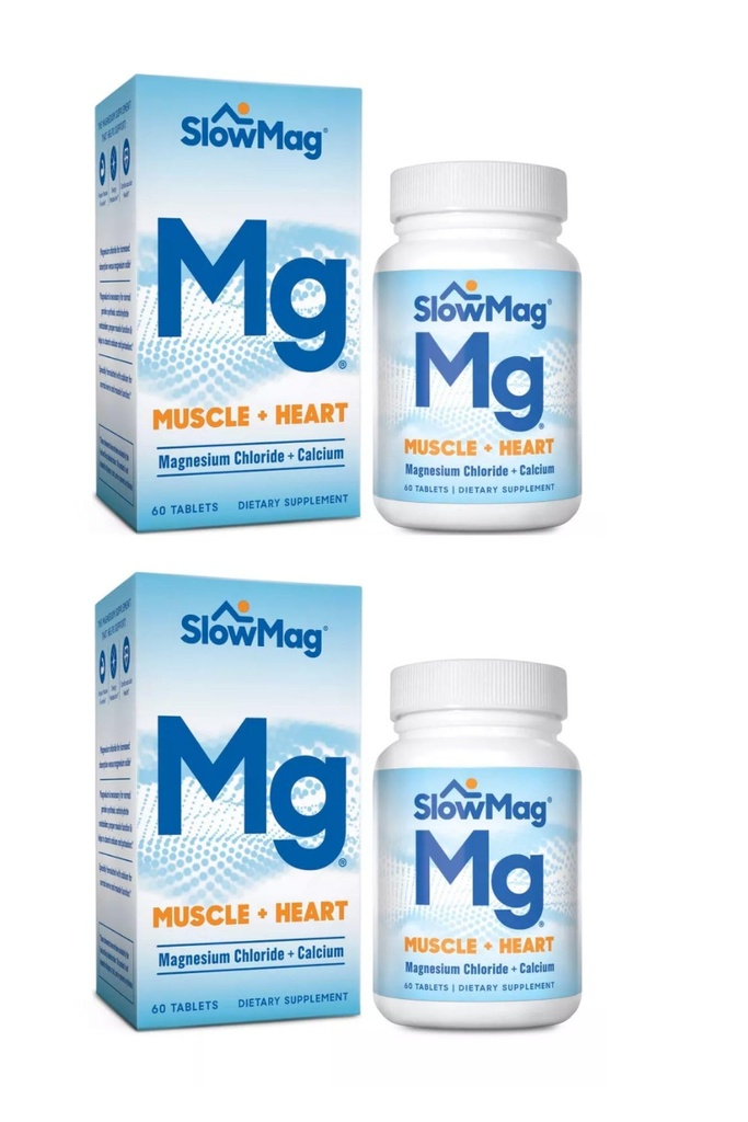 SlowMag Mg Muscle + Heart, Supports Muscle Relaxation and Heart Health. Magnesium Chloride + Calcium, Slow-Release Tablets, Easy to Absorb and Gentle on the Stomach. 60 Count (Pack of 2)