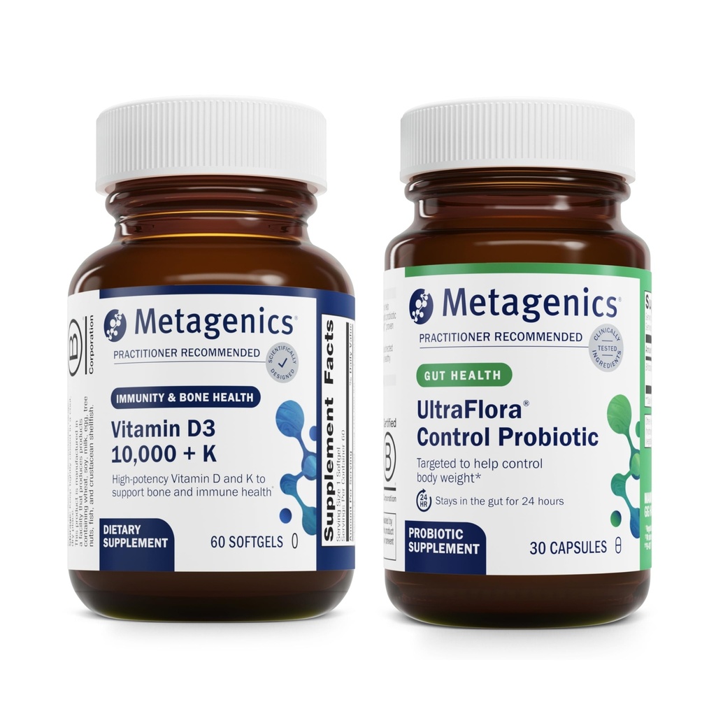 Metagenics Vitamin D3 10,000 + K (60 Softgels) & UltraFlora Control Probiotic (30 Servings) - Supports Bone & Heart Health - Aids Healthy Body Composition