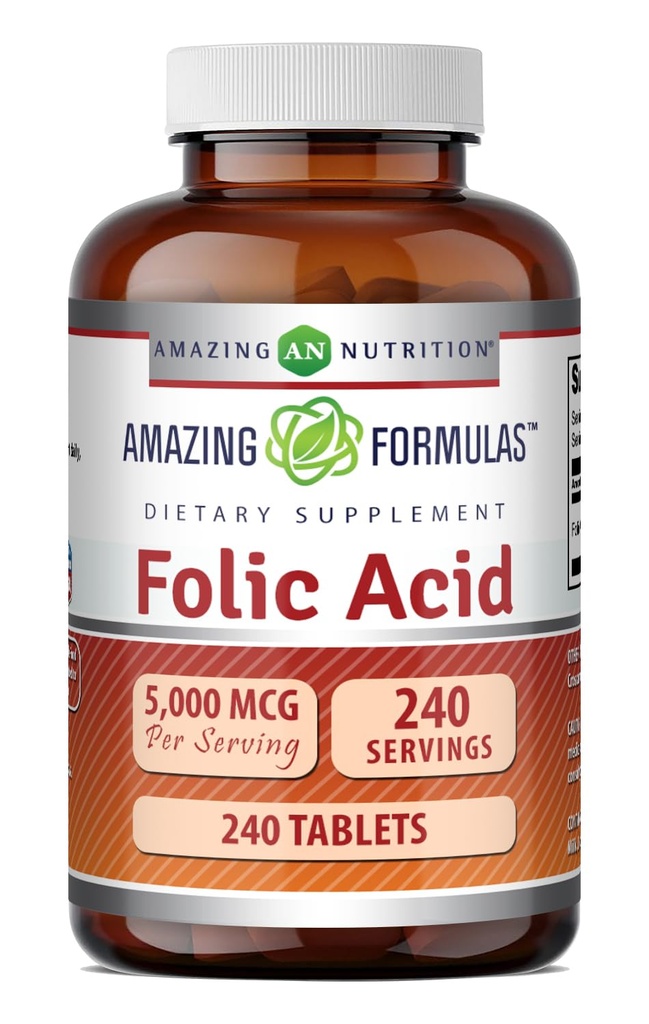 Amazing Formulas Folic Acid 5000 Mcg per Serving | Tablets Supplement | Non-GMO | Gluten-Free | Made in USA (1 Pack | 240 Count)