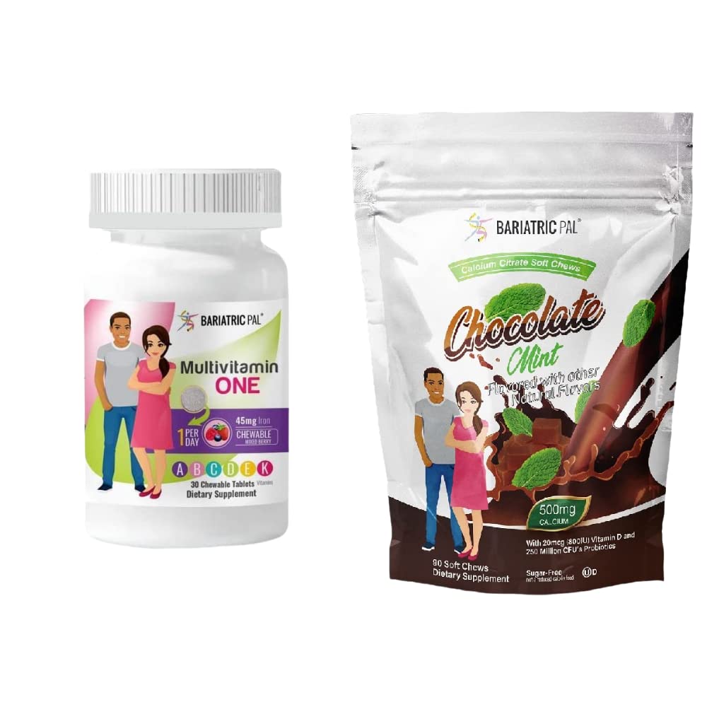 BariatricPal 30-Day Bariatric Vitamin Bundle (Multivitamin ONE 1 per Day! Chewable with 45mg Iron - Mixed Berry and Calcium Citrate Soft Chews 500mg with Probiotics - Chocolate Mint)