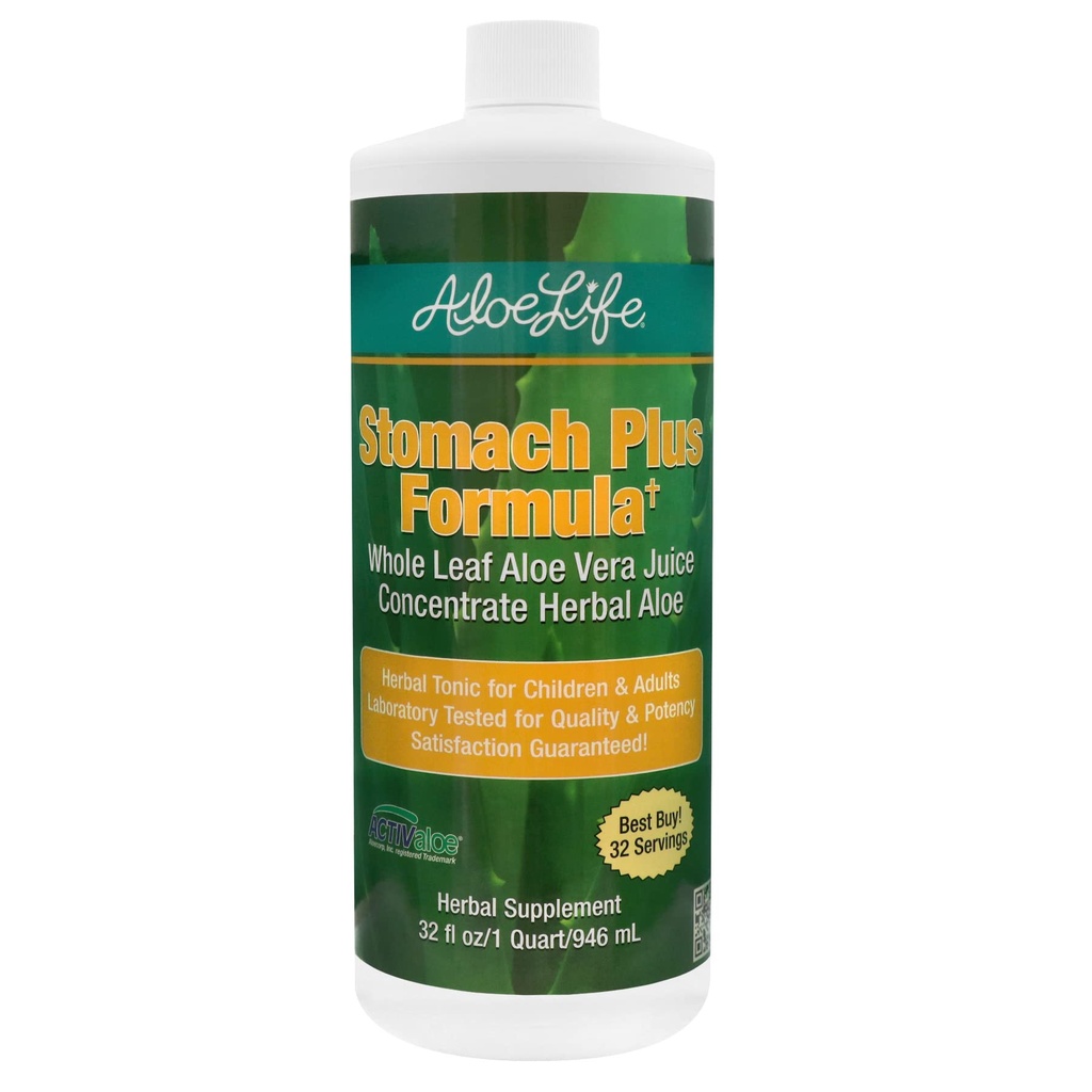 Aloe Life - Stomach Plus Formula, Fast-Acting Tonic for Children, Adults, & Seniors, Supports Healthy Digestion & Helps to Soothe Gas, Bloating, & Nausea, Aloe Vera Concentrate, Gluten-Free (32 oz)