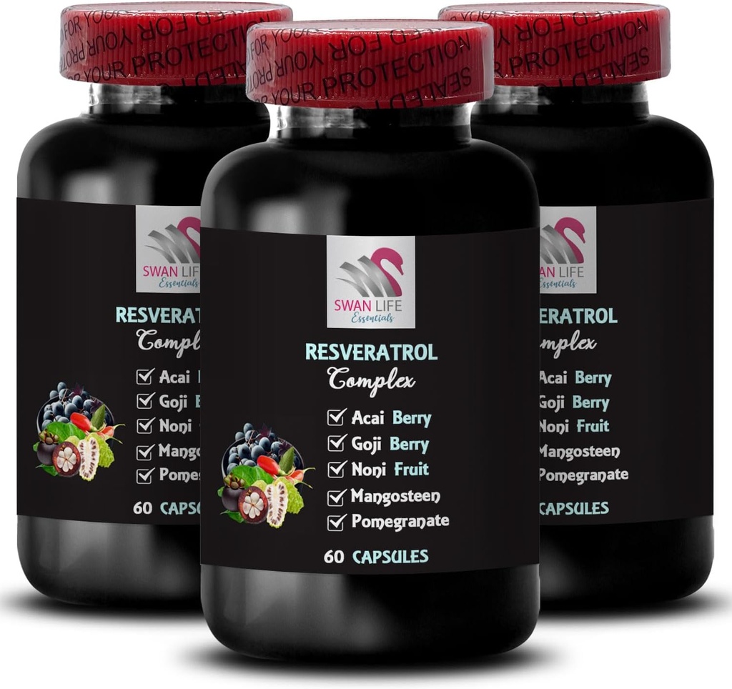 Berry Superfoods - RESVERATROL COMLEX - Acai Berry Boost, Goji Berry Shine, Elderberry Strength, Pomegranate Energy, Grape Skin Power, Hydration Balance, Daily Support 3 Bottles 180 Capsules