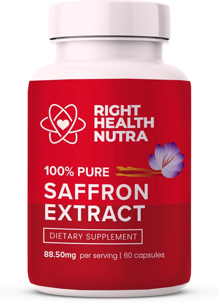 Right Health Nutra Saffron Supplements - 100% Pure Saffron Extract - Made in The USA - Supports Mood | Focus | Digestion | Eye Health for Men and Women - 60 Capsules
