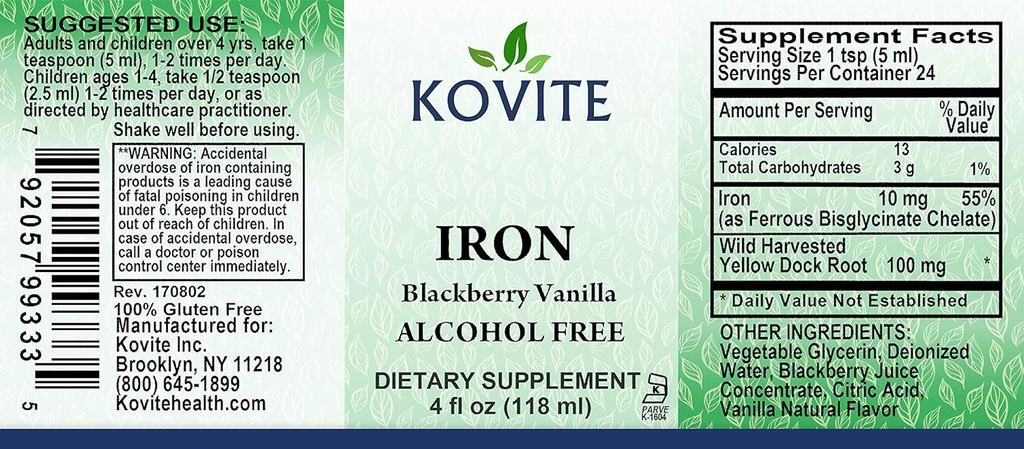 Liquid Iron 10 mg - Increase Energy and Blood Levels Without Nausea or Constipation – Liquid Iron Drops for Men, Women, and Kids - BlackBerry Vanilla Flavor - 4 fl oz. Kosher Certified