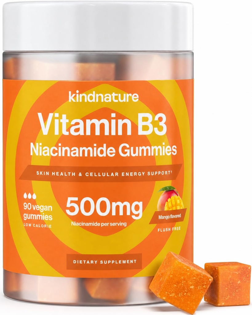 kindnature Vitamin B3 Niacinamide Gummies 500mg – Flush-Free Niacin Supplement – Supports Skin, Energy & Nervous System Wellness – Vegan, Non-GMO, Gluten-Free, Soy-Free – 90 Gummies