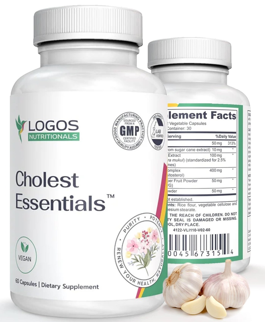 Cholest Essentials - 60 Capsules | Vegan Supplement with Garlic, Niacin, Policosanol, Guggul, Plant Sterol & Cayenne | Daily Wellness Capsules for Men and Women