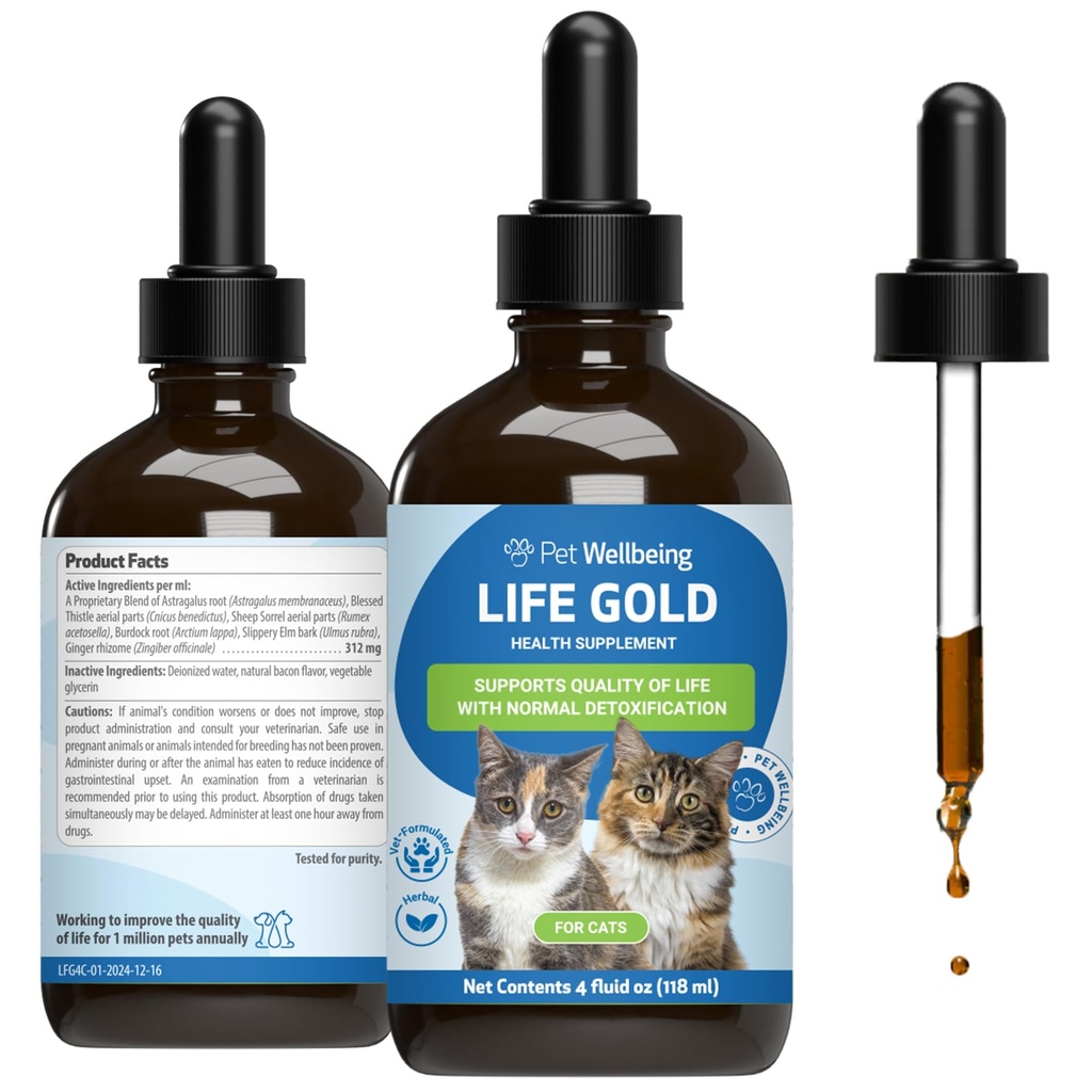Pet Wellbeing Life Gold for Cats - Supports Detoxification & Healthy Immune Defenses with Burdock & Sheep Sorrel - NASC Certified & Vet-Formulated - 4 oz Liquid Formula