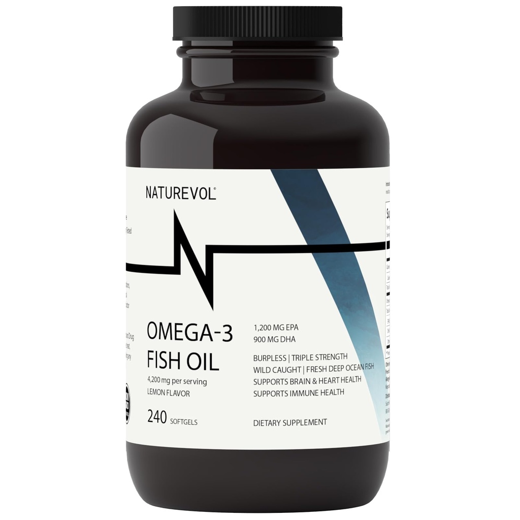 Triple Strength Omega-3 Fish Oil 4200mg – 1200mg EPA + 900mg DHA | High Potency Burpless Softgels | Wild-Caught Deep Ocean Fish Oil | Lemon Flavor - 240 Softgels