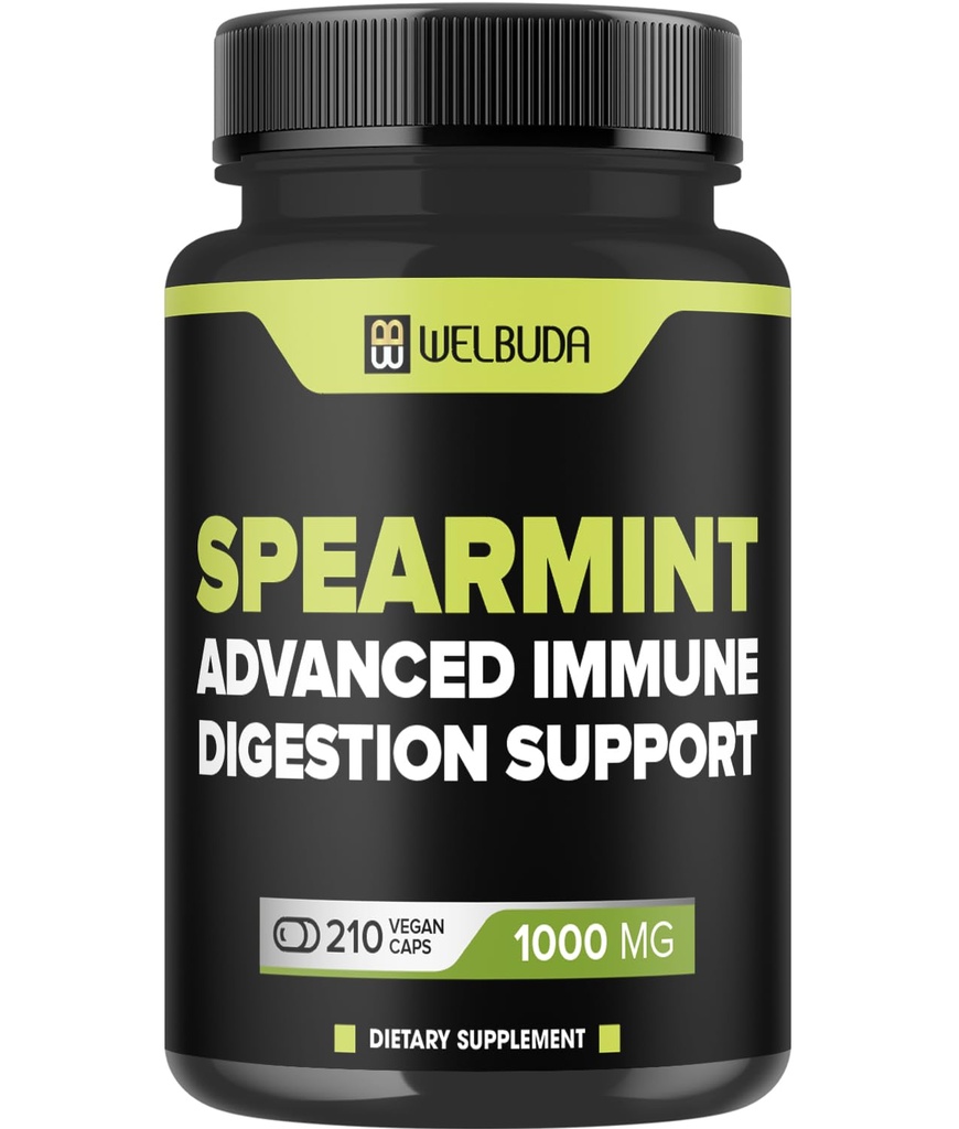 WELBUDA 210 Capsules - Spearmint Supplement with Olive Leaf, Ginger Root, Black Pepper & More - Combined Formula for Digestion Health, Respiratory Health, Immunity & Positive Mood Support