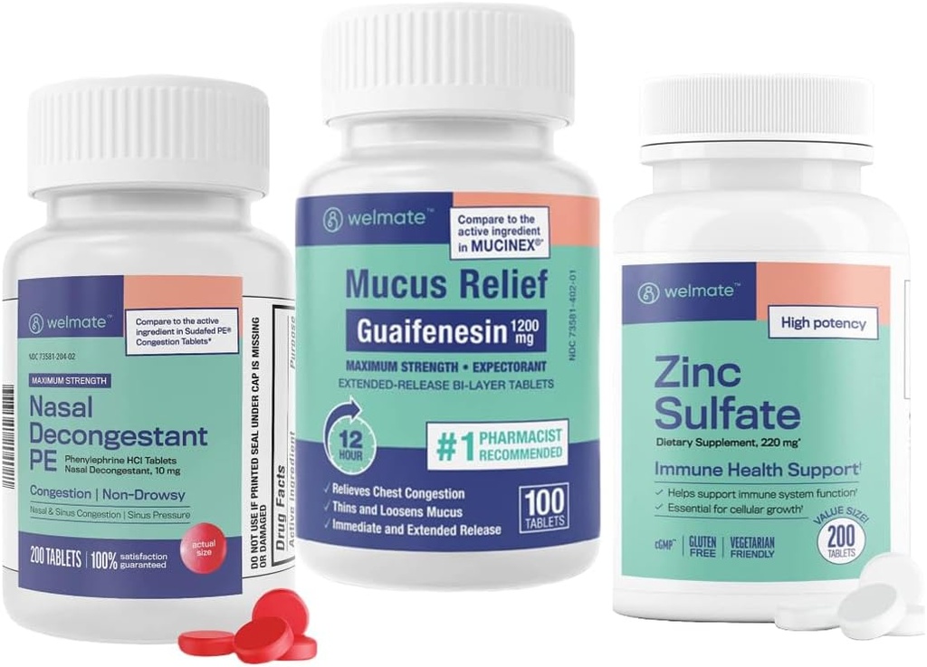 WELMATE Ultimate Cold & Allergy Relief Bundle: Maximum Strength Guaifenesin 1200 Mg Mucus Relief (100 Tablets), Phenylephrine HCl 10 mg Nasal Decongestant (200 Tablets) & Zinc Sulfate 220mg