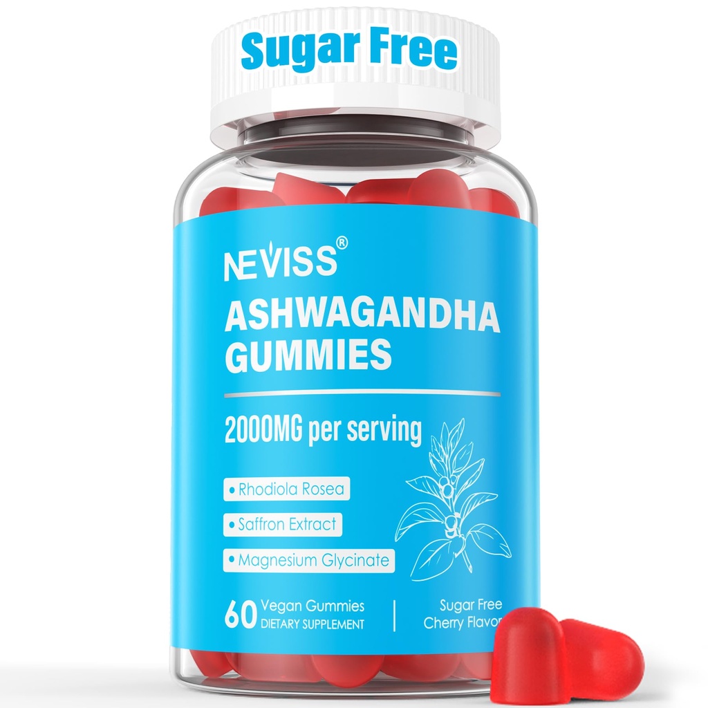 Sugar Free Ashwagandha Gummies - with Magnesium Glycinate, Rhodiola Rosea, Zinc, Lemon Balm, B6 - Relaxation Support, Natural Zzz, Stamina, Energy for Men Women - 60 Counts