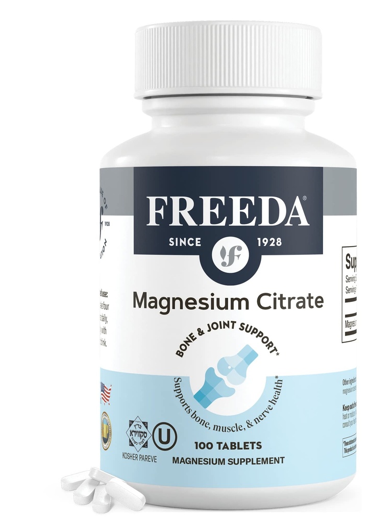 Freeda Magnesium Citrate 400 mg Coated Tablets – High Absorption Supplement for Muscle, Nerve & Relaxation Support – Vegan, Gluten-Free, Kosher – 100 Count