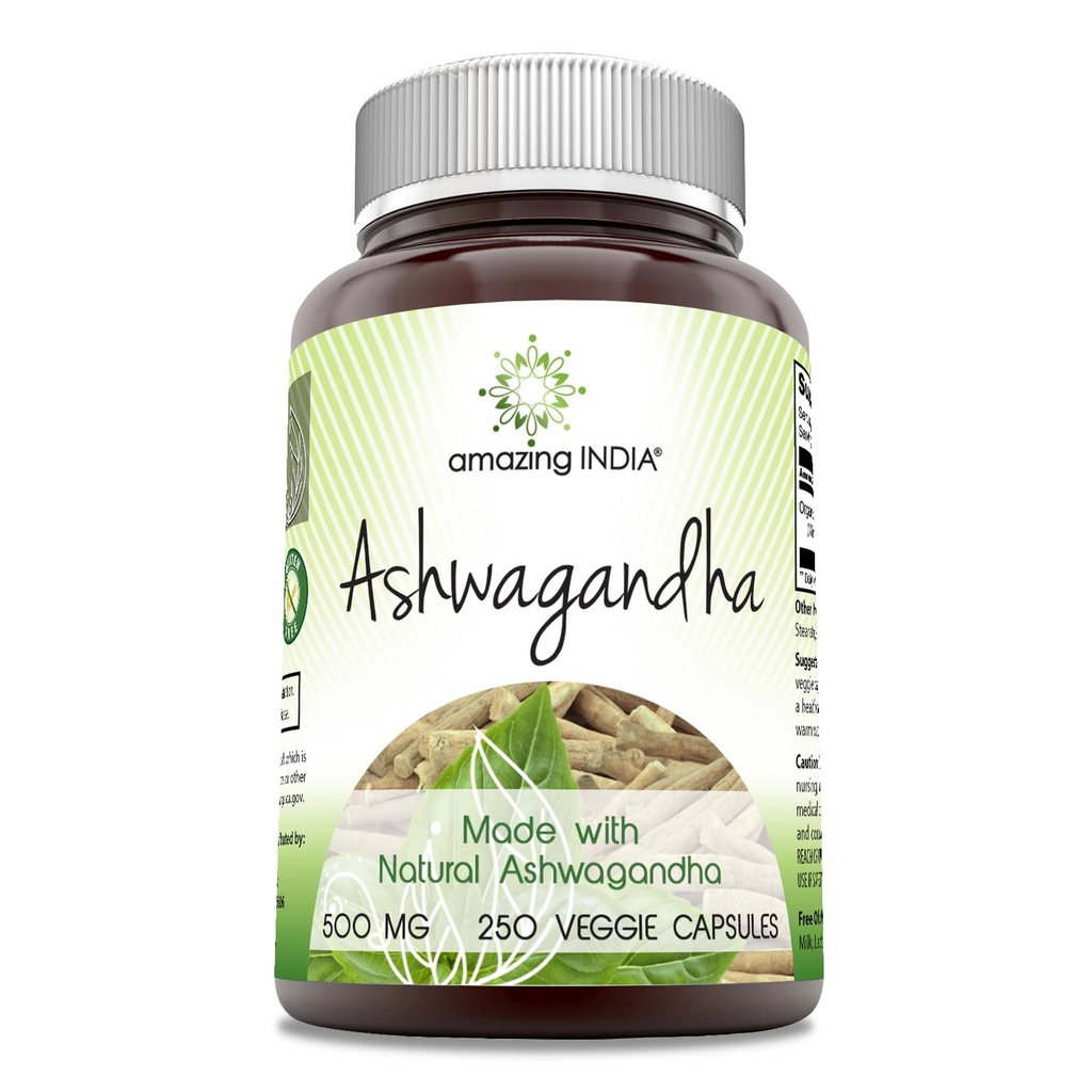 Amazing India Natural Ashwagandha | 500 Mg Per Serving | Veggie Capsules | Non-GMO | Gluten Free | Made in USA (250)