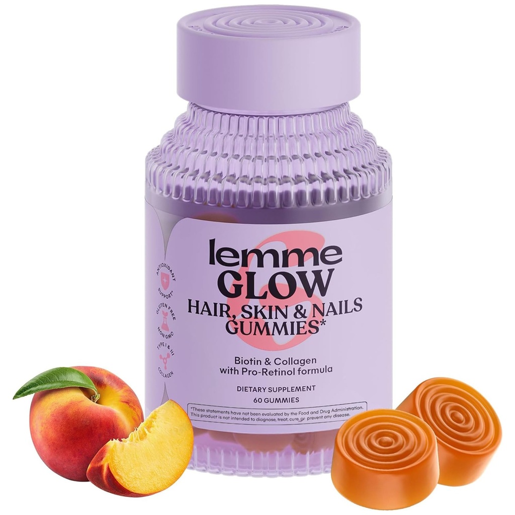 Lemme Glow Collagen Gummies for Thick Hair, Strong Nails & Healthy Skin with Multi-Collagen Peptides, Biotin, Trace Minerals, Zinc, Vitamins A, C & E, Dairy & Gluten Free, Peach Flavor, 60 ct.