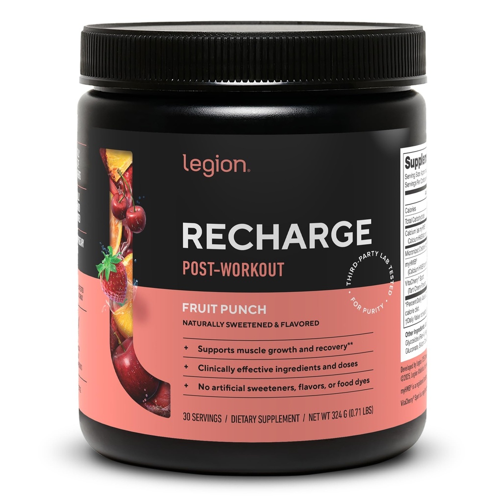 LEGION Recharge Post Workout Supplement - All Natural Muscle Builder & Recovery Drink with Micronized Creatine Monohydrate. Naturally Sweetened & Flavored, Safe & Healthy (Fruit Punch, 30 Serve)