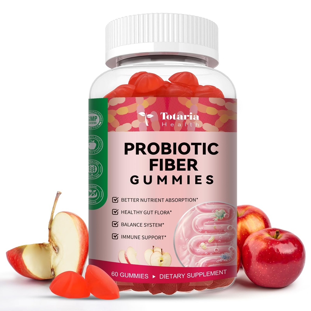 9-in-1 Probiotic Prebiotic Fiber Gummies for Adults & Teens 16G Fiber per Serving, Psyllium Husk Fiber Supplement with 5 Billion CFU Bacillus Coagulans, Inulin, ACV for Digestion & Gut - 60 Counts