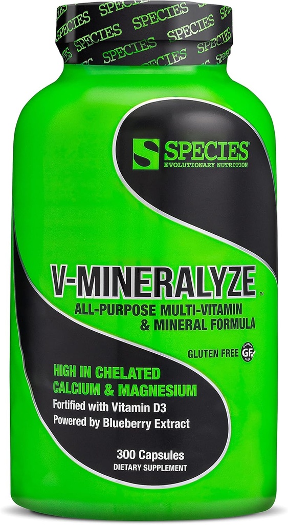 Species Nutrition V-Mineralyze All-Purpose Multivitamin, Vitamin C and D3, Chelated Minerals, Blueberry Extract with Anti-Oxidant Properties, 300 Capsules