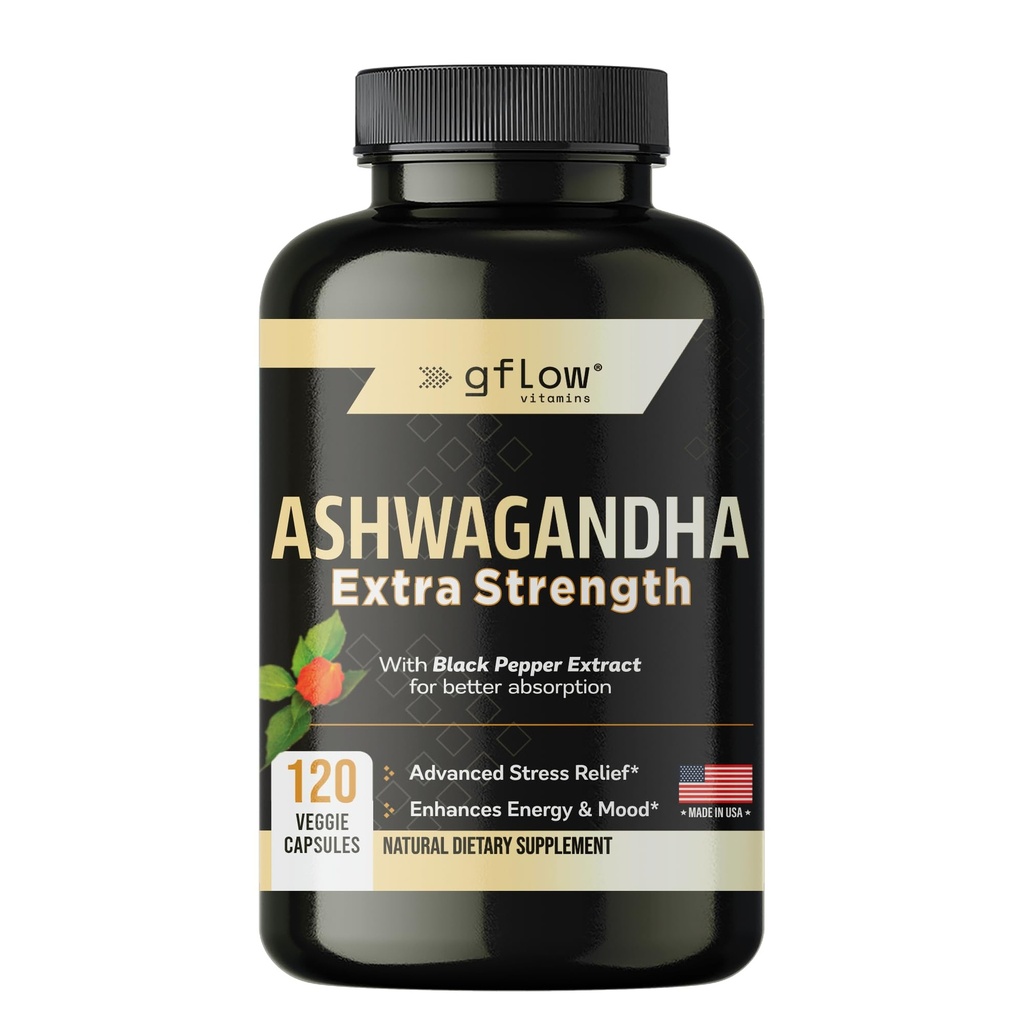 gflow vitamins Ashwagandha Supplements for Women and Men | Sleep, Mood and Energy Support | Extra Strength, Vegan Friendly, Non-GMO, Made in USA