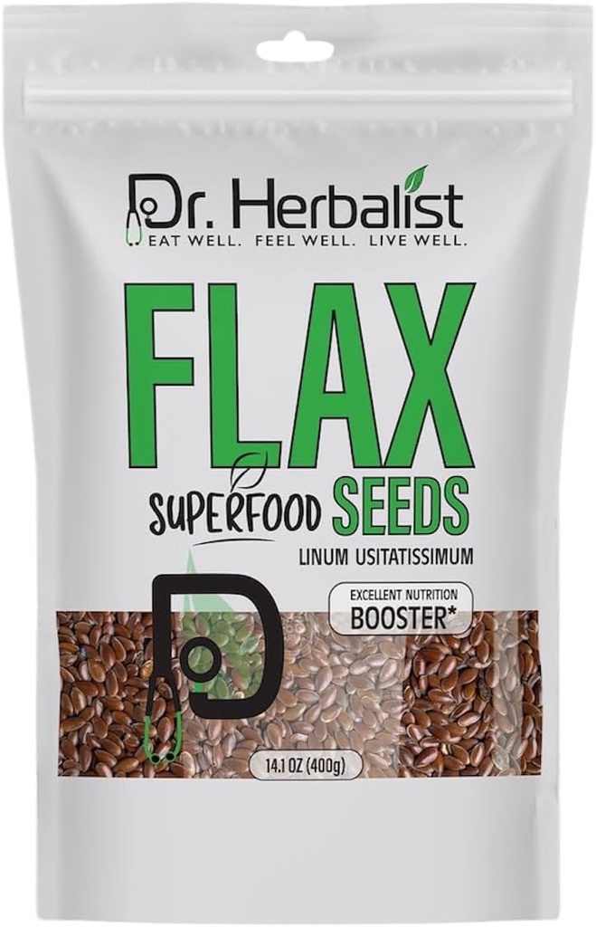 Dr. HERBALIST Flax Seeds 400g,Linum Usitatissimum,Alsi Seeds,Super Food, Essential Omega Fatty Acids, High in Plant-Based Protein, and Fiber, for Smoothies, Baking, for Easy Digestion and Absorption