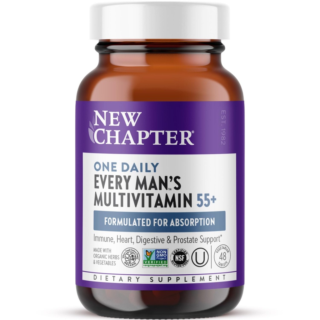 New Chapter Men’s Multivitamin 55+, Extra B6 & B12, D3, Astaxanthin, Vitamin C & Zinc, Immune, Heart, Cellular Energy, and Brain Health, Gentle on The Stomach, One Daily, Non-GMO, 48 Tablets