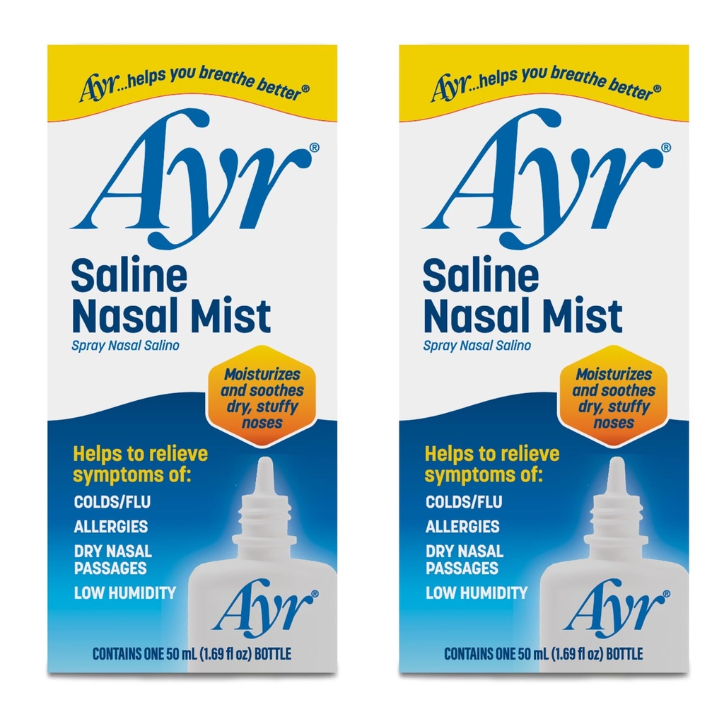 Ayr Saline Nasal Mist Spray 50 mL – Non Medicated Nasal Moisturizer for Dry Nasal Passages Cold and Allergy Relief (Pack of 2)