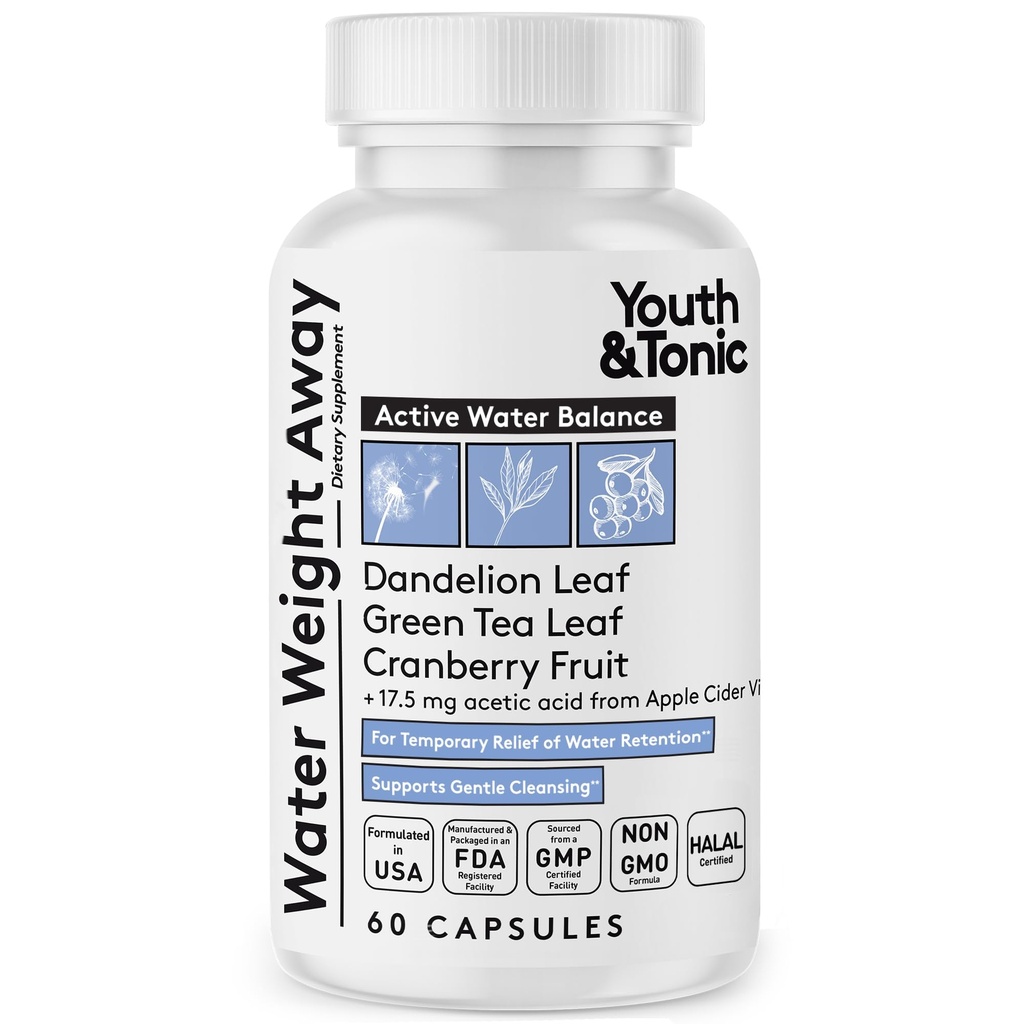 Youth & Tonic Water Pills for Fluid Retention – Water Weight Away Natural Diuretic for Bloat Relief & Fluid Balance, Support for Swollen Legs & Feet with Potassium & Vitamin B6 – 60 Pills
