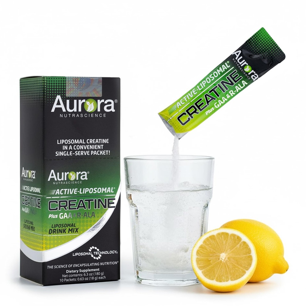Aurora Nutrascience Active Liposomal Creatine Monohydrate GAA & R-ALA - Powder Creatine Supplement for Men & Women, Muscle & Energy Support, Travel Packs To Go - 10 Single Serve Packets, Lemon Lime