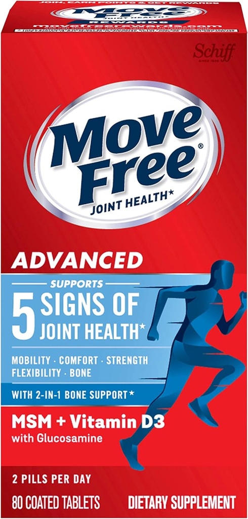 Glucosamine Chondroitin MSM & Vitamin D3 Joint Health Supplement, Move Free Advanced Joint Support Tablets For Men & Women (80cnt box), With Vitamin D3 To Support Bone & Immune Health