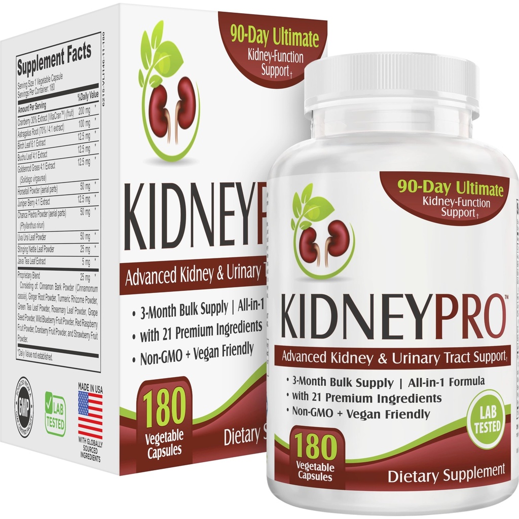 Kidney-Pro (3-Month) with 21 Kidney Support Supplements in 1 Formula | Men & Women | Health Supplement Complex | 90-Day Bulk Supply | 180 Capsules