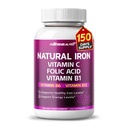 Natural Iron High Potency with Vitamin C, Folic Acid - High-Absorption Formula Vitamin B1, Vitamin B6, Vitamin B12 - Support Blood Building - 150 Count