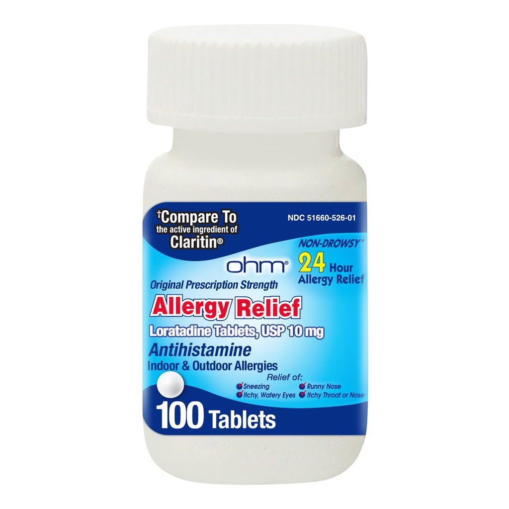 Ohm Allergy Pills - Loratadine Allergy 24 Hour Non Drowsy Relief for Seasonal Allergies, Sneezing - Loratadine 10 mg Antihistamine for Effective Non-Drowsy 24-Hour Symptom Relief - 100 Count