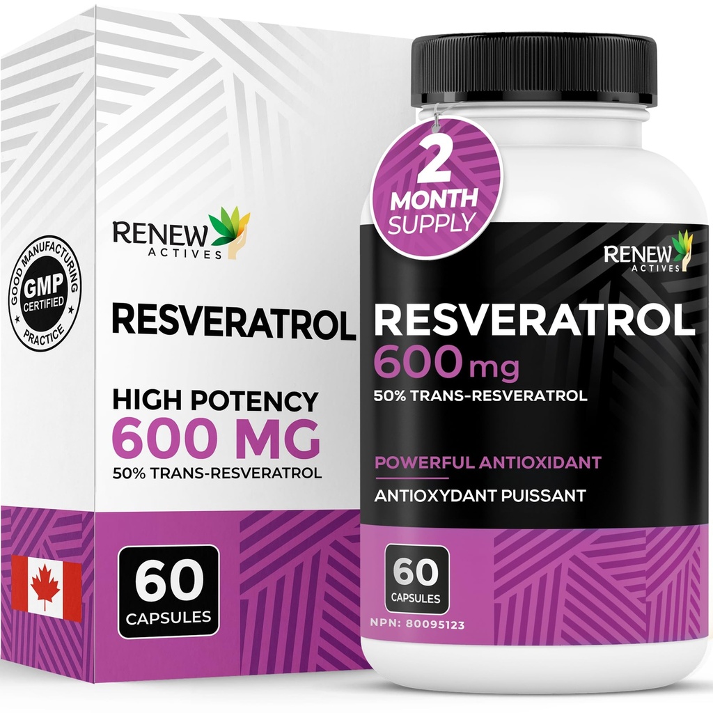 Renew Actives Resveratrol Supplement 600mg per Serving - High-Potency Antioxidant Complex with 50% Trans-Resveratrol – Supports Cellular Health & Longevity - Made in Canada – 60 Vegan Capsules