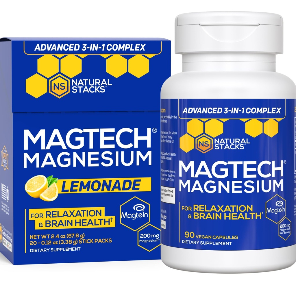 NATURAL STACKS MagTech Magnesium Capsules + Magtech Drink Mix Bundle - Supports Relaxation & Brain Health* - 50 Total Servings