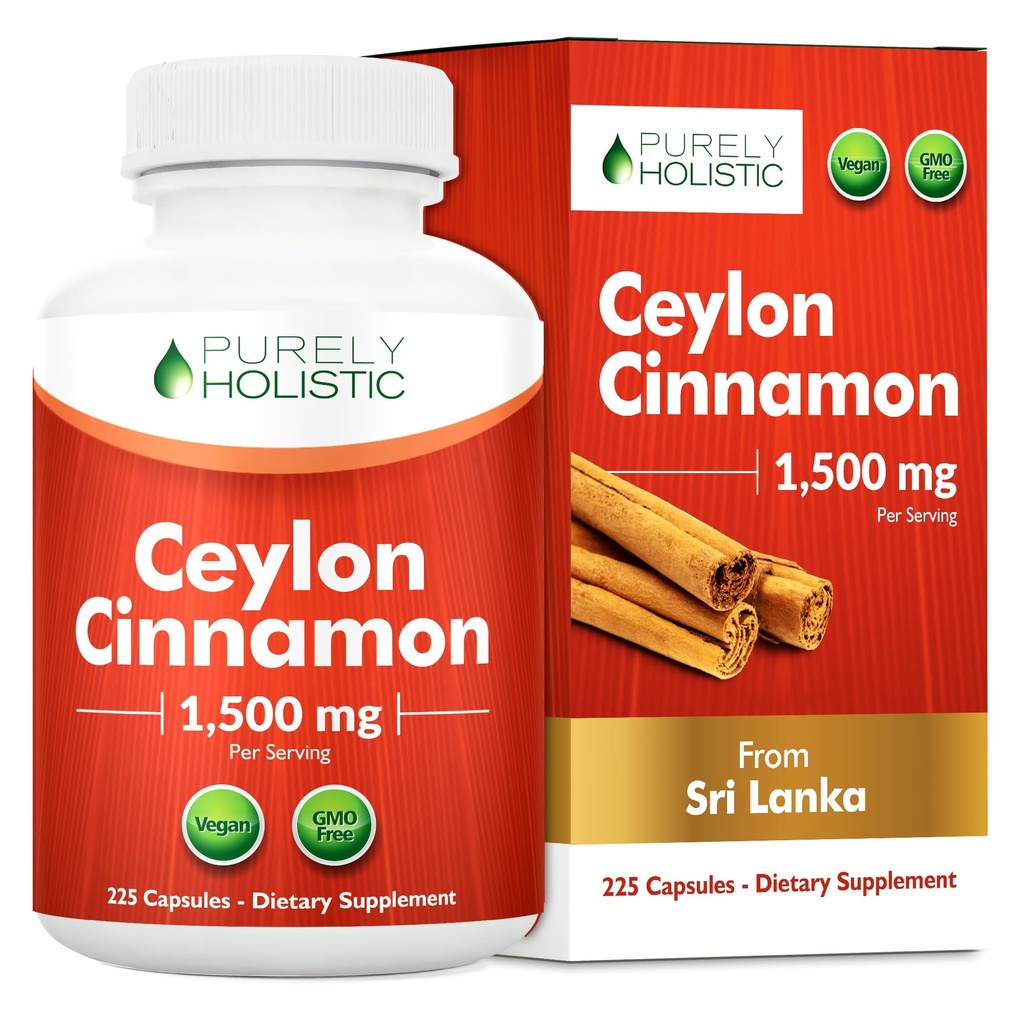 Purely Holistic Ceylon Cinnamon Capsules 1500mg, 225 Vegan Cinnamon Capsules, 75 Day Supply (25% More Servings), True Sri Lankan Ceylon Cinnamon Supplement