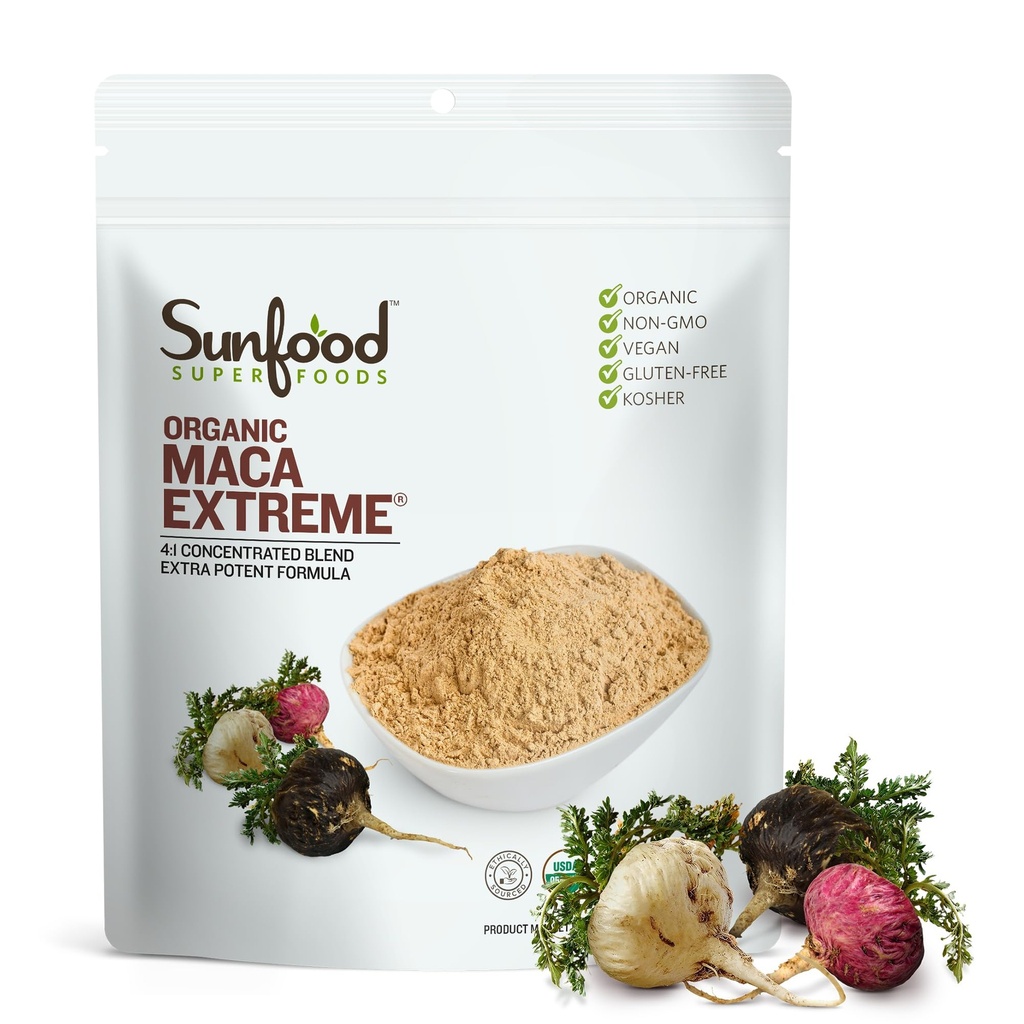 Sunfood Organic Maca Extreme - Maca Root Powder, Maca Powder Organic, Maca Supplement for Men & Women with Adaptogens, Peruvian, Raw, Vegan, Premium Maca Powder - 8 Oz Bag