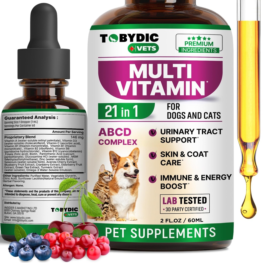 TOBYDIC Cat & Dog Multivitamin 21 in 1 Pet Supplements with Cranberry & Glucosamine - Natural Medicine & Support for UTI, Urinary Tract, Bladder, Kidney, Skin Coat, Joints Treatment
